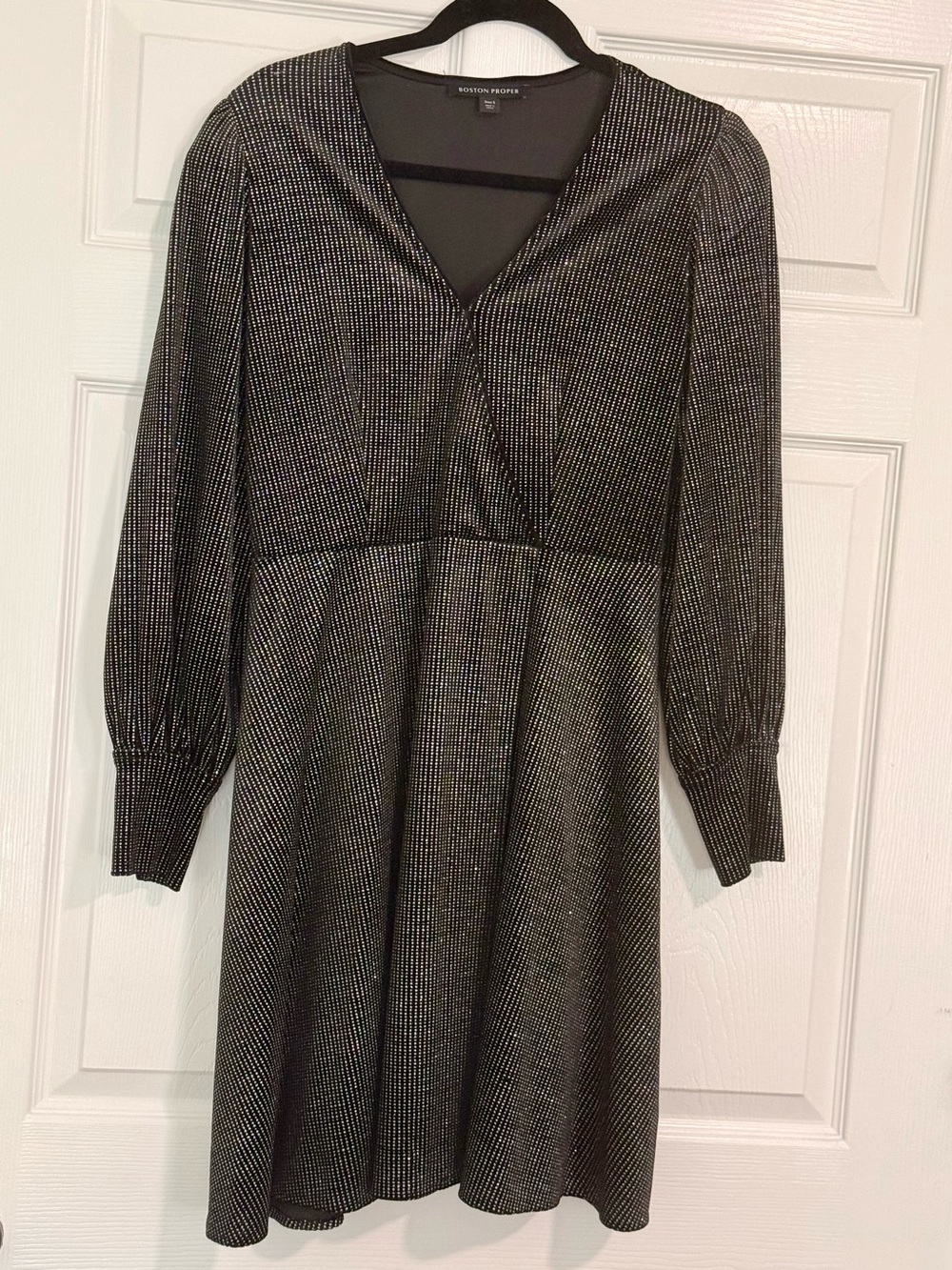 Boston Proper Black Metallic V-Neck Long Sleeve A-Line Dress with belted tie
